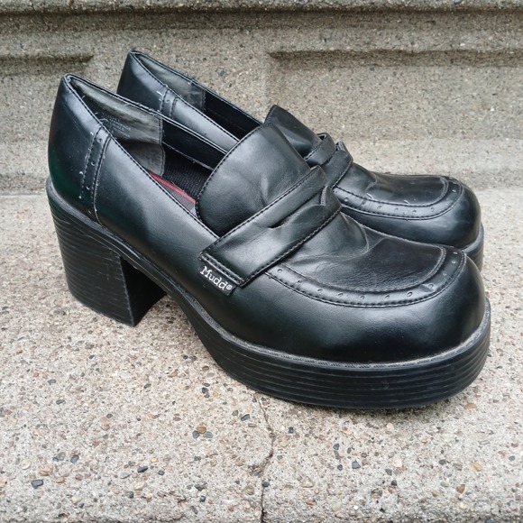 Mudd Shoes - 90's Vintage Mudd Y2K Black Chunky Block 3" Heel Platform Loafer Shoes Size 10